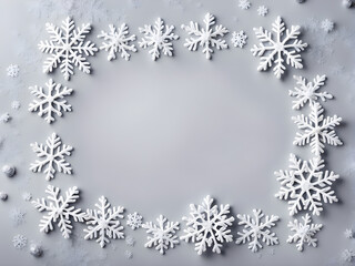 Christmas composition. Christmas frame made of snowflakes on pastel gray background. Winter concept. Flat lay, top view, copy space