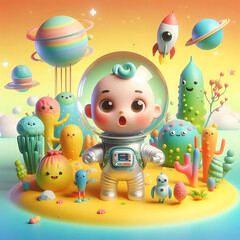 Obraz premium A fun, cartoonish 3D render of an astronaut couple exploring a colorful planet with unusual plants, funny alien creatures, and a small rocket ship. Digital 3D Render Illustration.