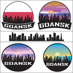 Gdansk Poland Flag Skyline Cityscape Silhouette Travel Souvenir Sticker Sunset Isolated Vector