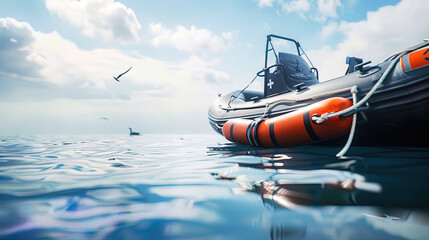 Rescue boat on tranquil waters with life buoy, prepared for action, surrounded by serene blue sea and distant horizon, with seagulls flying overhead.