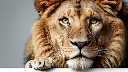 Portrait of a male lion with a white banner on grey background