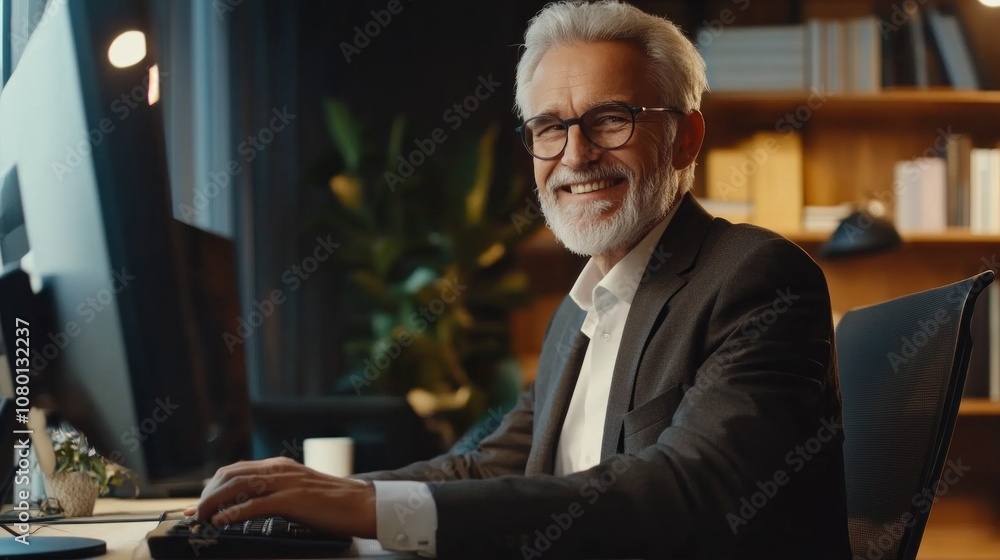 Poster A man in a suit is sitting at a desk with a keyboard and a computer monitor