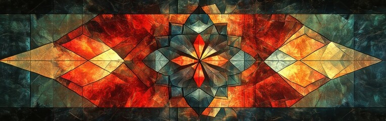 Abstract stained glass window with red, orange, yellow and blue colors.