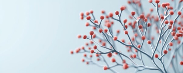 A minimalist branch with red berries against a soft blue background.