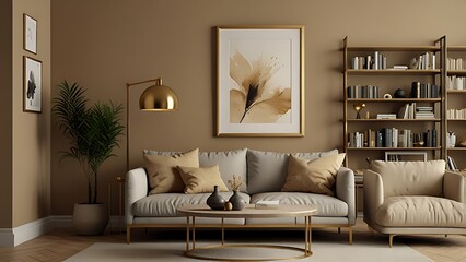 Interior design of harmonized living room with mock up poster frame, shelf, gold lamp, decoration and personal accessories. Beige wall. Stylish home decor.