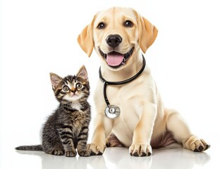 Fototapeta premium A compassionate veterinarian helping both a cat and a dog symbolizes the dedication to providing excellent care for our beloved pets, ensuring their health and happiness every day