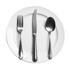 Stainless steel plate fork spoon and knife isolated on transparent background