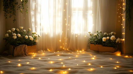 Cozy Home Decor with Fairy Lights and Flowers - Background Image