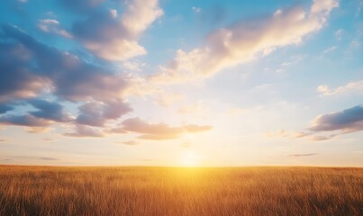 Obraz premium Serene field under a dramatic cloudy sky at sunset, Generative AI 