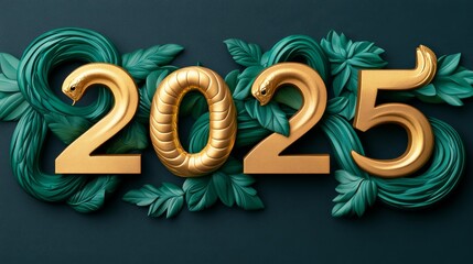 Festive 2025 design with golden numbers and green leaves.