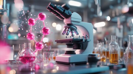 Modern laboratory with microscope and pink molecule model showcasing scientific research.