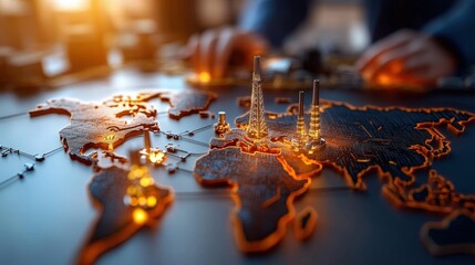 A digital map displays major world regions with prominent buildings and landmarks, symbolizing global connectivity and technological advancement.