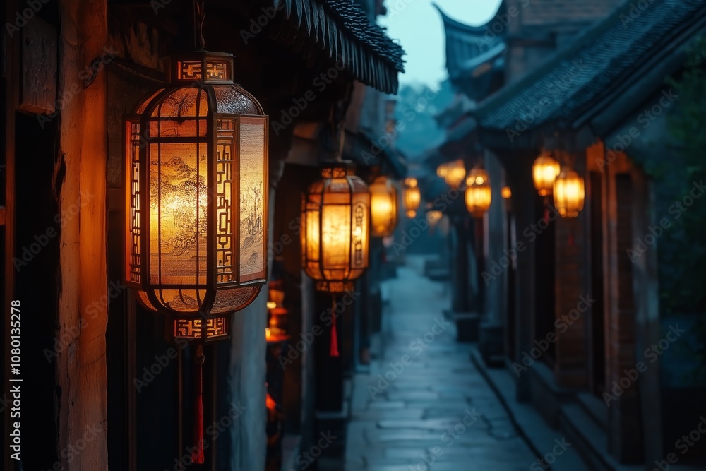 Poster a row of lanterns hanging from the side of a building. the lanterns are lit up and create a warm, in