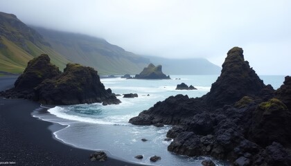 Fototapeta premium Majestic coastal landscape with rugged cliffs and misty mountains