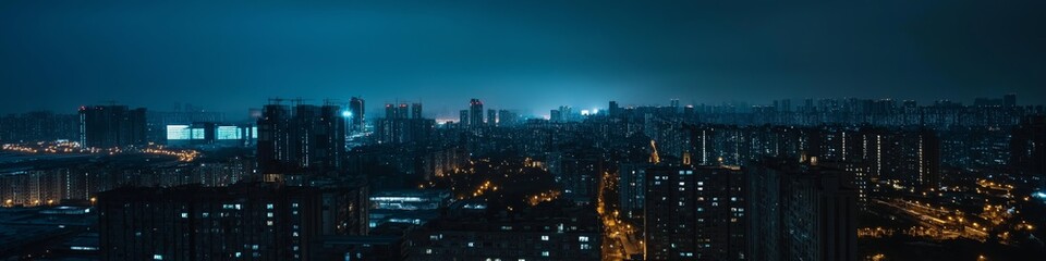 Fototapeta premium A city skyline at night with the lights of the buildings shining brightly. The city is lit up and the sky is dark