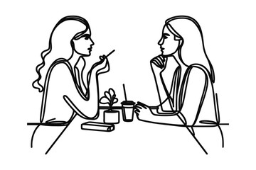 Vector linear image on white background, one line. women at a table in a cafe