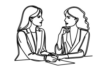 Vector linear image on white background, one line. women at a table in a cafe