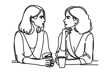 Vector linear image on white background, one line. women at a table in a cafe