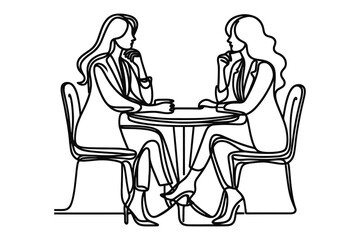 Vector linear image on white background, one line. women at a table in a cafe
