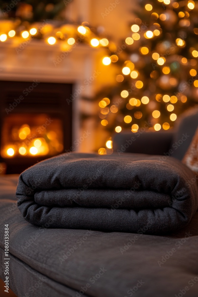 Poster a neatly folded weighted blanket rests on a sofa, creating a warm, inviting atmosphere next to a fli