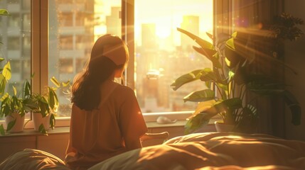 A woman sits by a window, basking in warm sunlight, surrounded by plants and a cozy atmosphere.