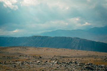 Mountain panorama of beautiful valley in Altai mountains. Altai Mountain range, North Altai, Gorny Altai republic, Russia.