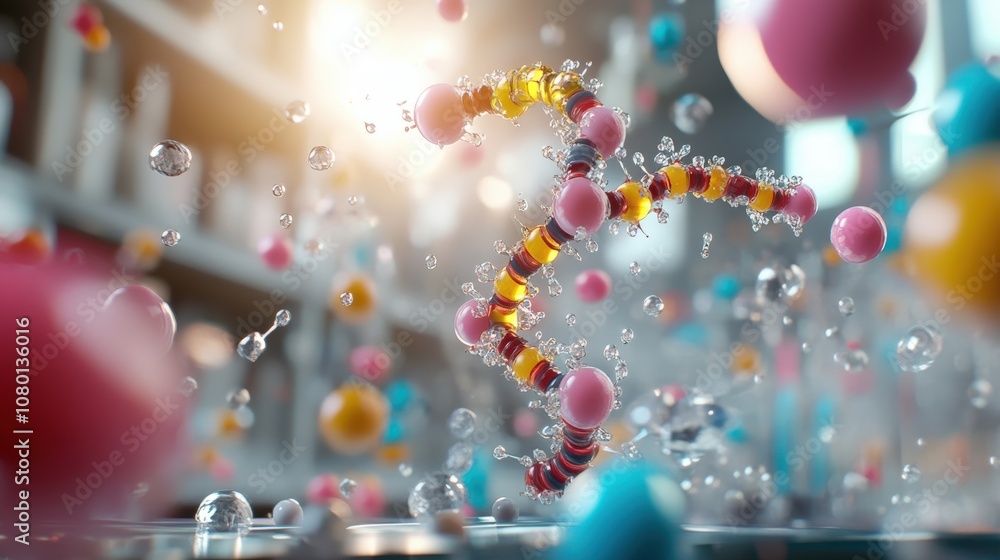 Poster abstract molecular structure depicted with vibrant colors and dynamic motion.