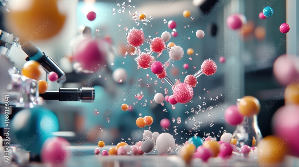 Poster abstract molecular structure in a laboratory setting with colorful spheres.