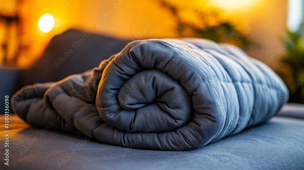Poster a thick, soft weighted blanket is rolled up on a comfortable sofa, adding warmth to a softly illumin