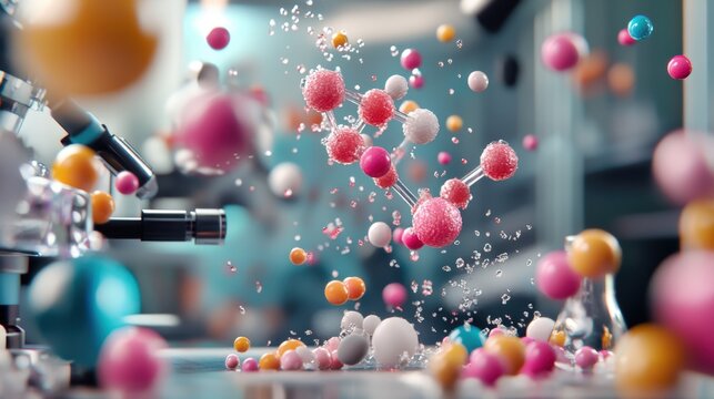 Abstract molecular structure in a laboratory setting with colorful spheres.