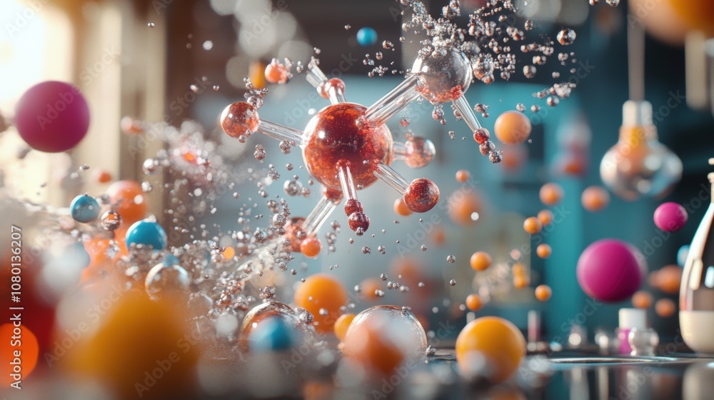 Poster abstract molecular structure with colorful spheres and dynamic energy in laboratory setting.