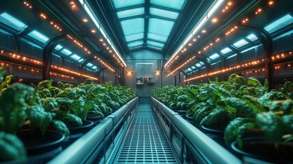 Interior of a modern hydroponic greenhouse with rows of plants growing under artificial lighting.