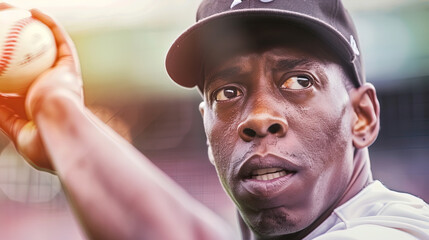 Fototapeta premium Close-up of professional baseball player in uniform, intense expression as he prepares to throw the ball during a high-stakes playoff game, capturing the focus and determination of the athlete.