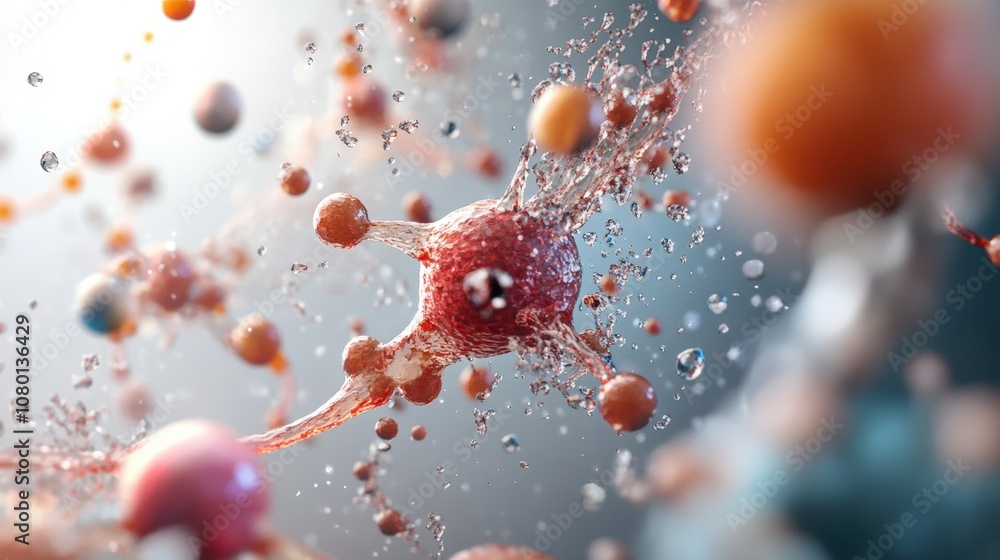 Poster abstract visualization of molecules interacting and bonding in a fluid environment.