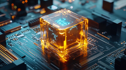 Vibrant City Nightscape Featuring 3D Cubes with Red & White Glow on Deep Blue Background, Dynamic Blur Creates Sense of Movement & Change