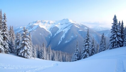  Snowy mountain majesty with evergreen trees