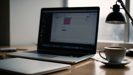 Laptop and coffee cup on a wooden desk, creating a Monday morning workspace atmosphere, copy space