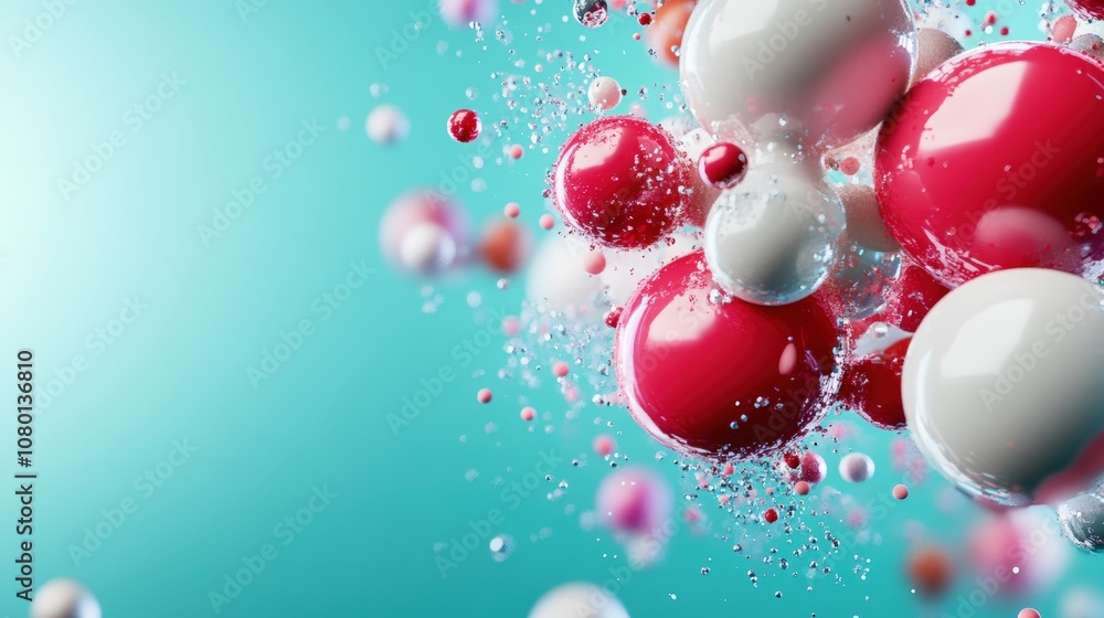 Poster colorful abstract spheres floating in a vibrant blue space with dynamic movement.
