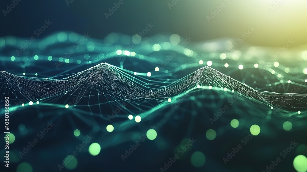 Poster green abstract background with a network grid and particles connected. sci-fi digital technology wit