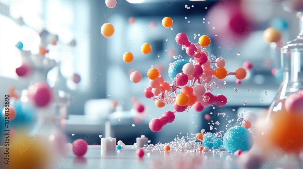 Poster colorful abstract representation of molecules in a laboratory setting with blurred background.
