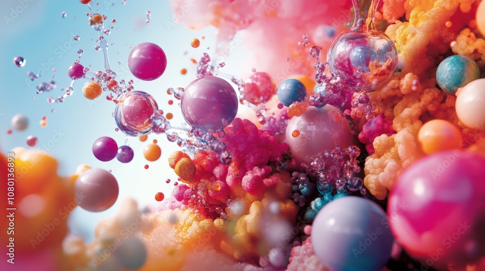 Poster colorful abstract spheres floating in vibrant clouds, creating a dynamic, lively visual experience.