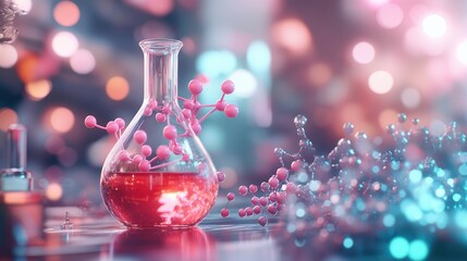 Colorful chemical experiment with molecular model in a laboratory setting.