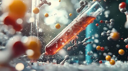 Colorful chemical reaction in a lab with floating molecules and test tubes.