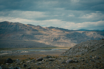 Mountain panorama of beautiful valley in Altai mountains. Altai Mountain range, North Altai, Gorny...