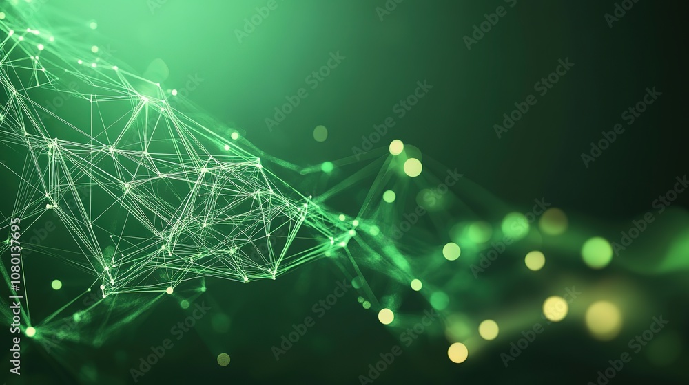 Poster green abstract background with a network grid and particles connected. sci-fi digital technology wit