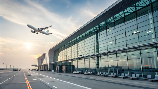 Modern airport terminal with an airplane taking off in the background