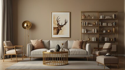 Interior design of harmonized living room with mock up poster frame, shelf, gold lamp, decoration and personal accessories. Beige wall. Stylish home decor.