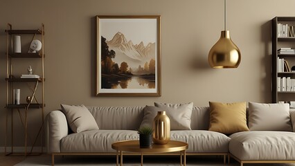 Interior design of harmonized living room with mock up poster frame, shelf, gold lamp, decoration and personal accessories. Beige wall. Stylish home decor.