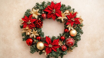 Christmas Wreath with Red Poinsettia Flowers, Gold Ornaments, and Pine Cones