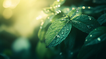 Fresh Mint Leaves with Dewdrops in Sunlight - Natural Morning Freshness